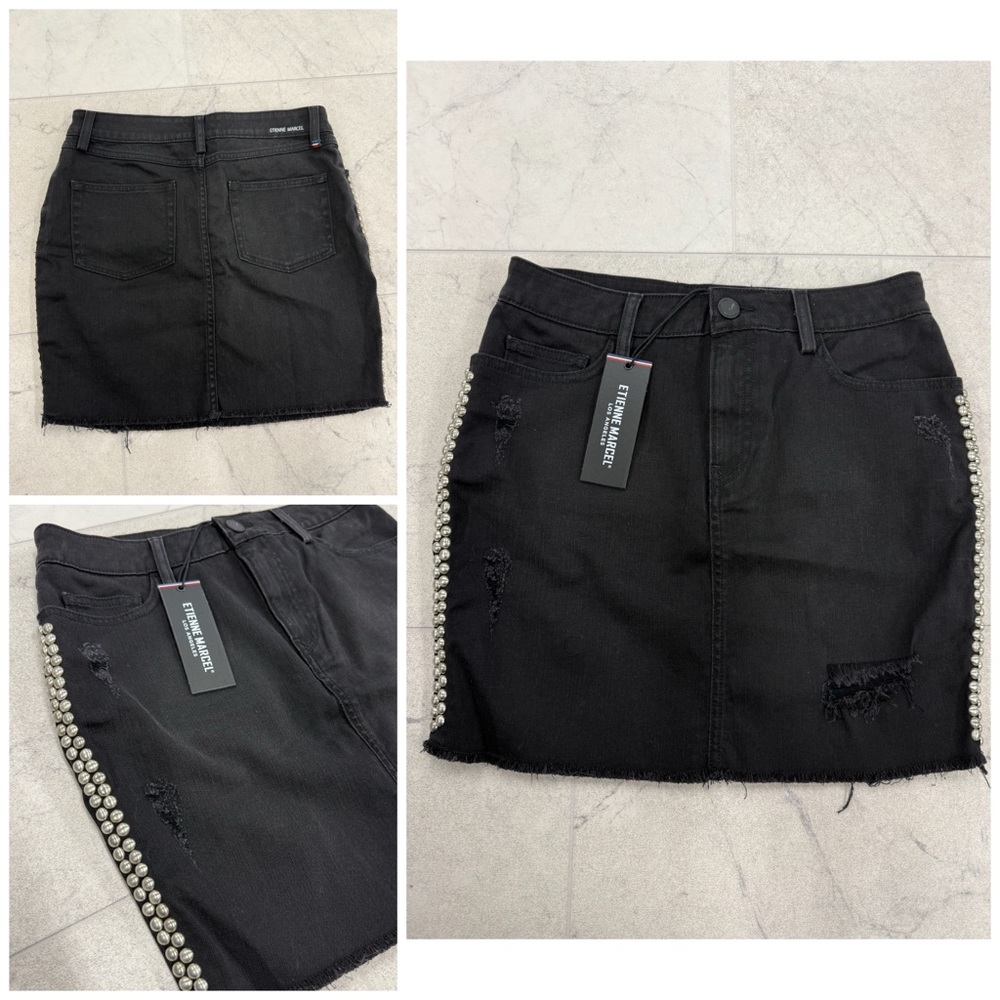 (RR-25) Etienne Marcel Black Mini Studded Denim Skirt
